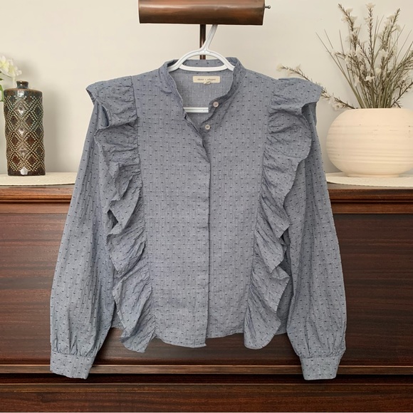 Chambray Patterned Ruffled Prairie Blouse, Size Large - Picture 2 of 12